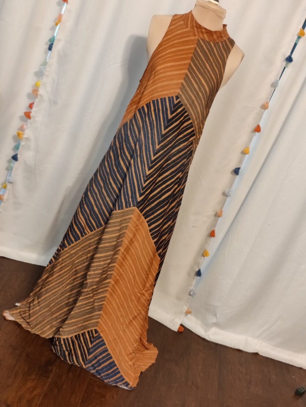 Farm Rio Anthropologie Geometric Autumn Colors Column Halter Maxi Dress Chic SM